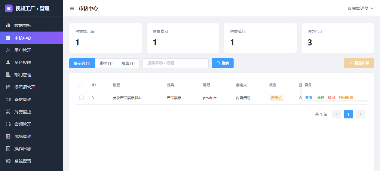 视频工厂管理端审核中心，提示词、素材、成品待审列表